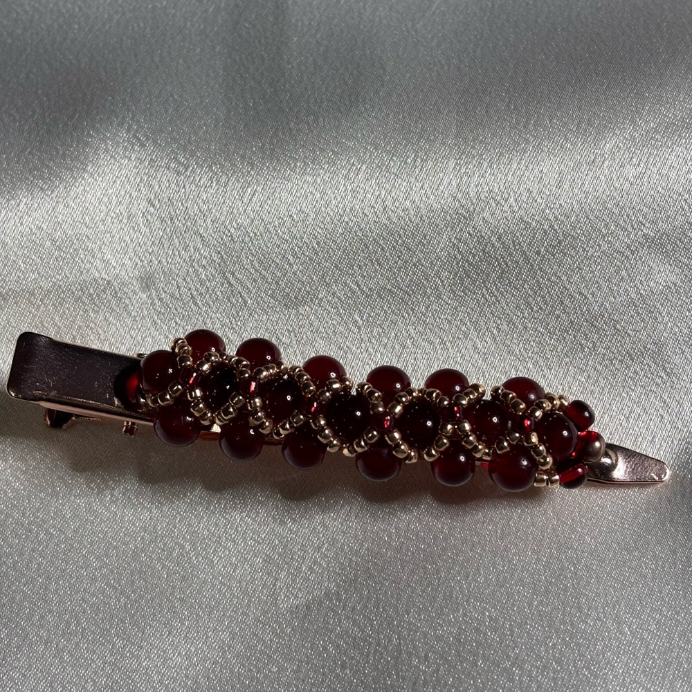 Handmade beaded hair clip garnet and gold color beads 4 inches